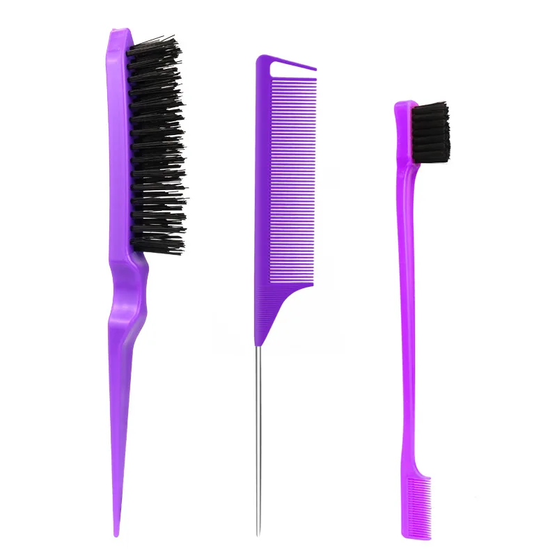 3Pcs Slick Back Hair Brush Set Bristle Hair Brush Brush Teasing Comb for Women Baby Kids Black Hair 6