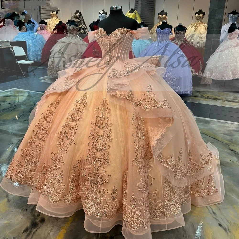 Mexican 15 Year Gold Girl Quinceanera Dresses Off Shoulder Lace Applique Big Puffy Skirt Prom Birthday Party Dress 16
