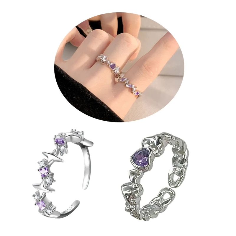 4XBF Set of 2 Purple  Adjustable Open Rings Engagement Rings Y2K Adjustable Rings Alloy Material Aesthetic Jewelry 3