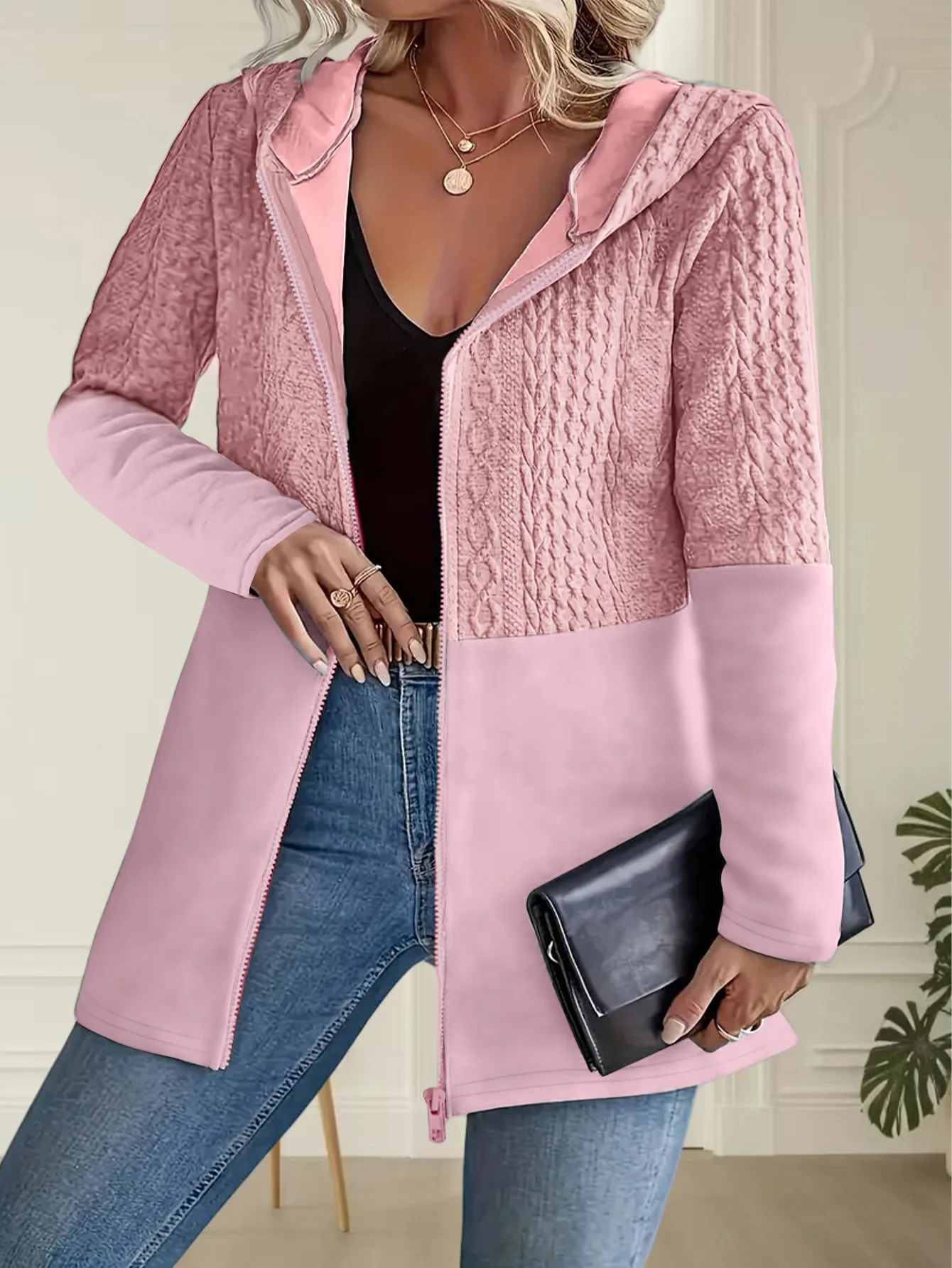 European American Herbst Winter Einfarbig Wellpappe Tasche Spleißen Casual Lose frauen Mit Kapuze Jacke – Detail 3
