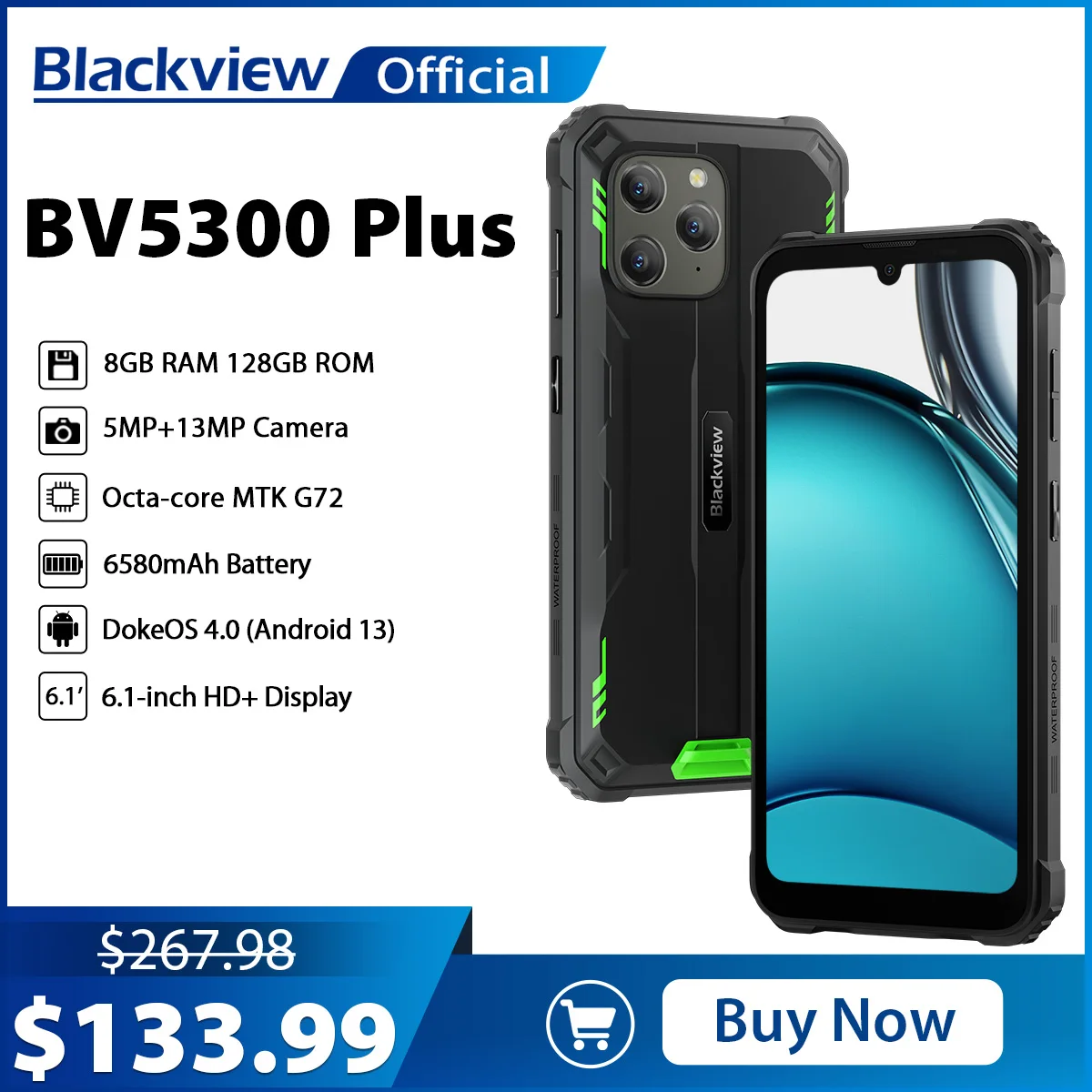 Смартфон Blackview BV5300 Plus защищенный, Android 13, Восьмиядерный процессор G72, HD-дисплей 6,1 дюйма, 8 ГБ, 128 ГБ, фотокамера 13 МП, 6580 мАч