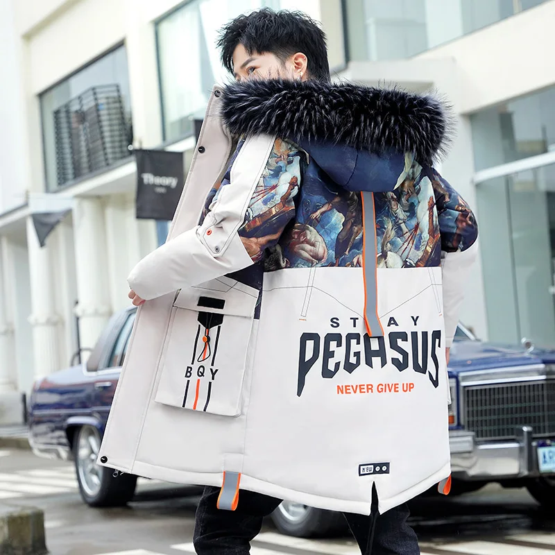 Fashion Men's Cotton Parkas 2023 Autumn Winter Mid Length Thickened Padded Jackets Outwear Fur Collar Long Top Down Coat Clothes