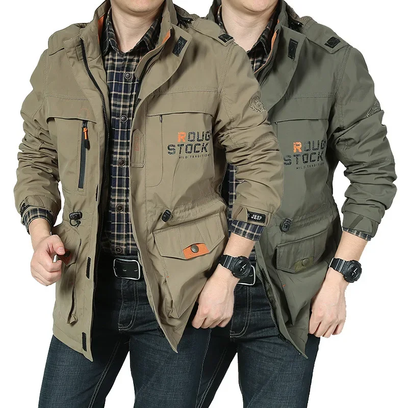 

Мужская уличная куртка средней длины на весну и осень, тонкая ветрозащитная и водонепроницаемая куртка с большими карманами для альпинизма, ветровка