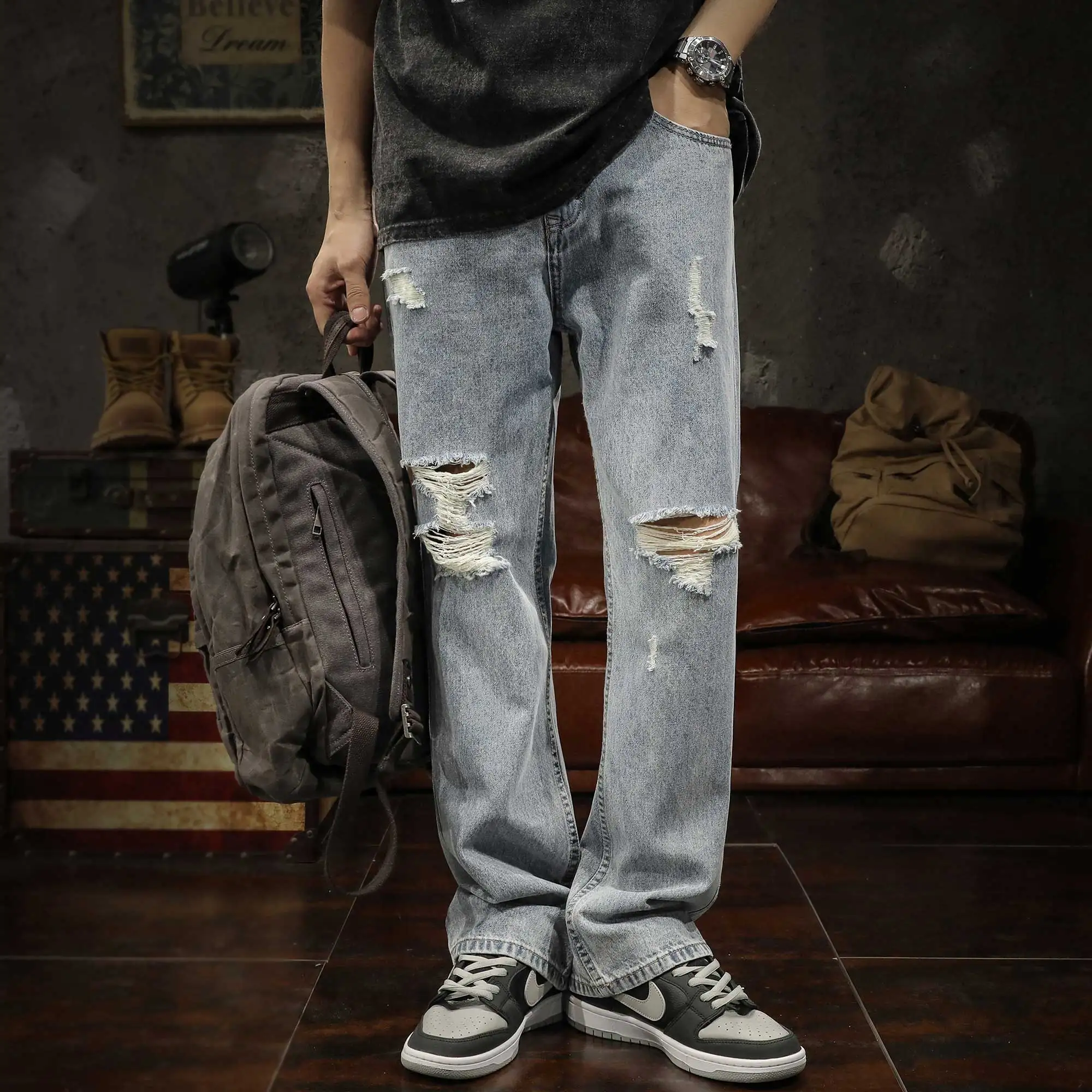 

Fashion personality ripped jeans men's spring and summer American wash to do old draping loose straight tube new thin pants