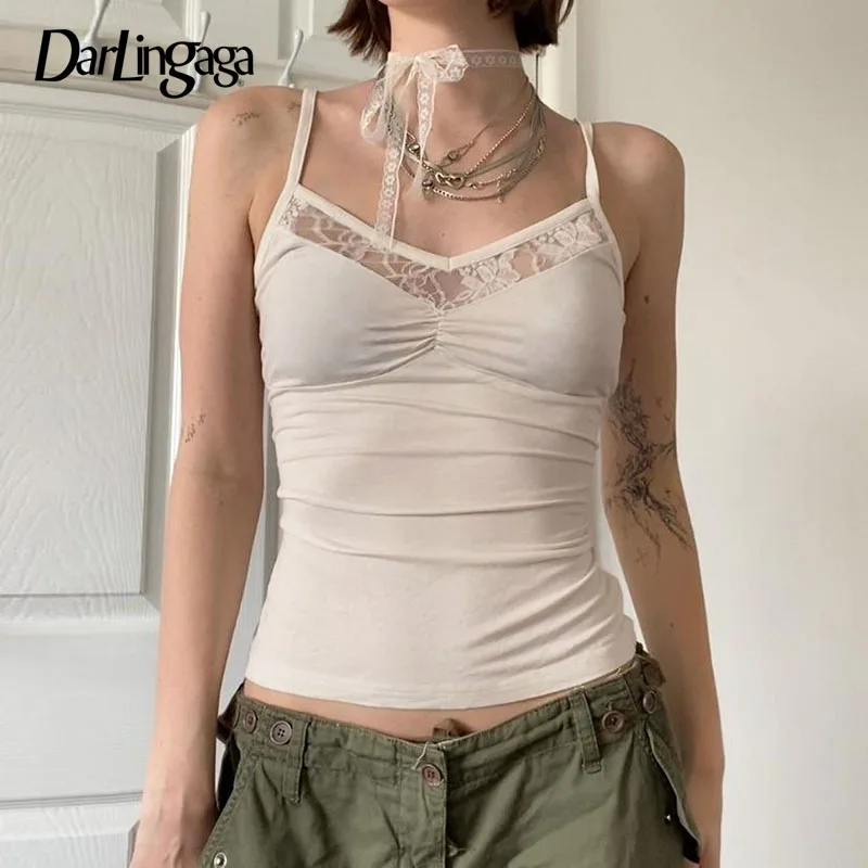 

Darlingaga Vintage Y2K Aesthetic Strap Summer Camis Tops Lace Patched Slim Streetwear Women's Top Tee Folds Chic Basic Outfits