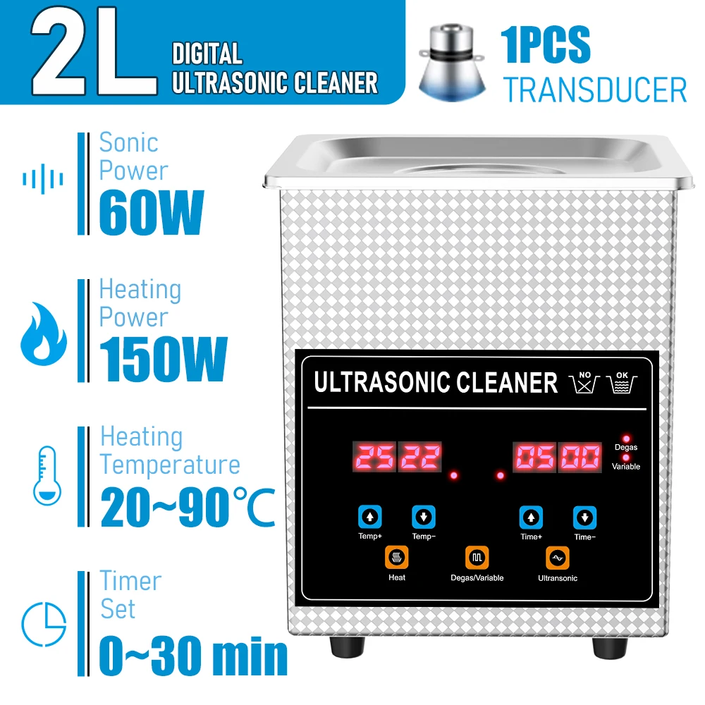 Ultrasonic Cleaner with Heater Timer, 60W 2L Stainless Steel Jewelry Cleaner  For