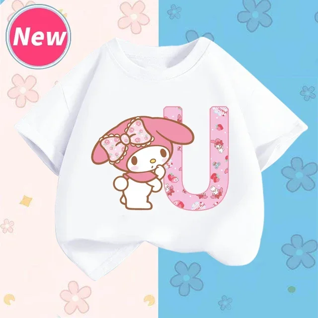 thumbnail image 1 of Camiseta de manga corta para niños con letras de la A a la Z de My Melody Anime, camiseta de algodón de verano para niños de Sanrio, regalo de cumpleaños kawaii suave con forma de corazón para niñas, 1 of 5