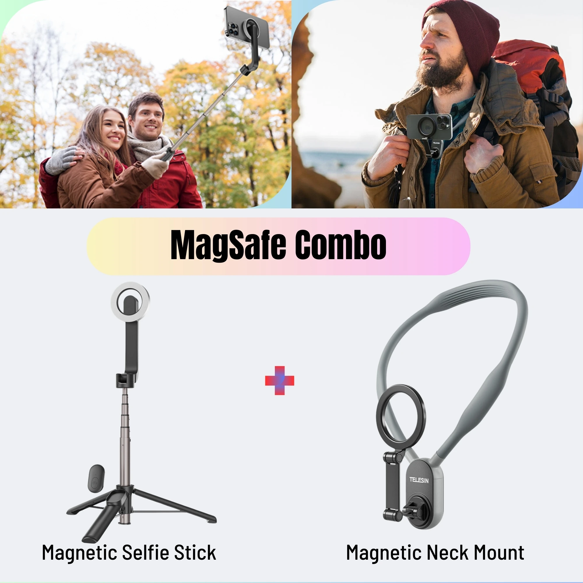 TELESIN Support de Cou Magnétique Selfie avec Clip Téléphone et Montage  Vertical Kit, Collier Vlog Vidéo