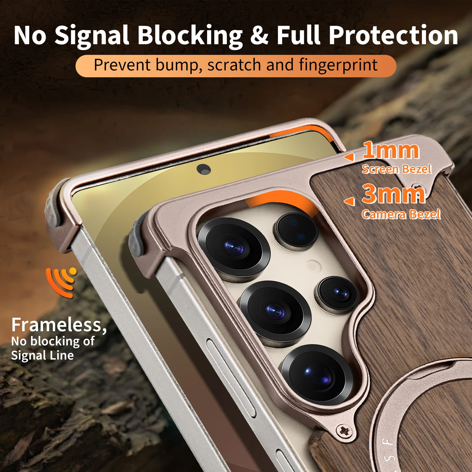 Eary Wood Phone Case for Samsung Galaxy S25 S24 Ultra Magnetic with Stand 360° Rotate Magsafe Bumper Frameless Protective Cover