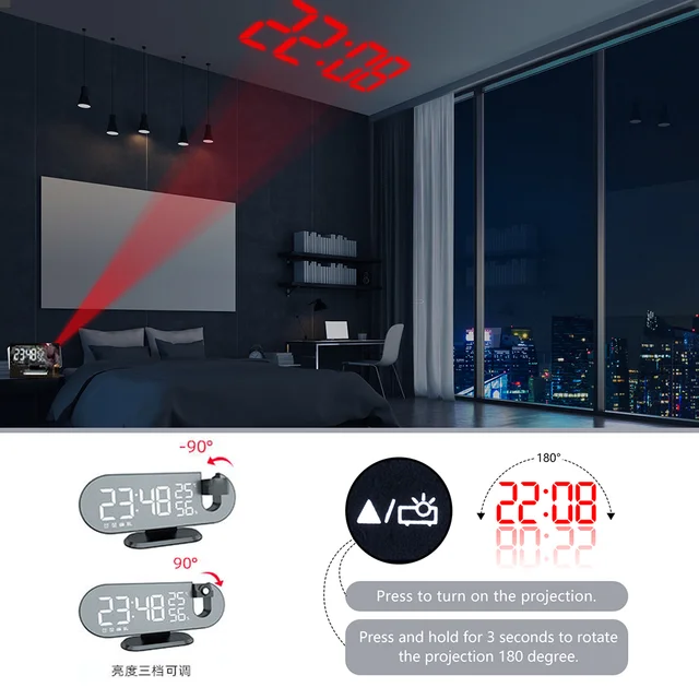 FM Radio LED Digital Smart Alarm Clock Watch Table Electronic Desktop Clocks USB Wake Up Clock with 180° Time Projector Snooze 4