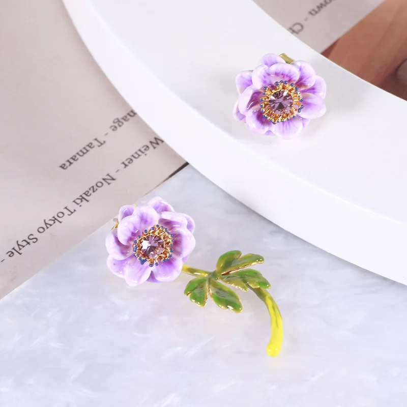 Wholesale Jewelry Enamel Colored Glaze Sparkling Diamonds Purple Flowers Lotus Green Leaves Asymmetrical Sweet Earrings Necklace