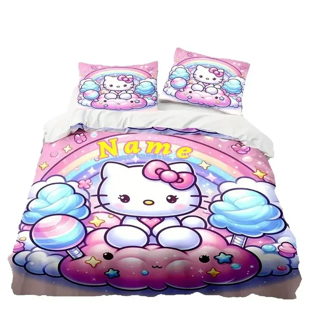 [Customization] Name Rainbow Hello Kitty Pattern Print Bedding Set Room Decoration (1*Duvet Cover+2*Pillowcase, Without Core) 5