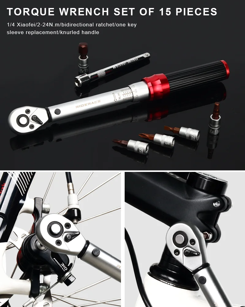 RIDERACE Fahrrad-Drehmomentschlüssel-Set, 15-teilig, 1/4 Zoll, 2–24 Nm, Dual-Richtung, Fahrrad-Inbusschlüssel, Werkzeug, Steckschlüssel, Pro-Motorrad-Reparatursatz – Detail 6