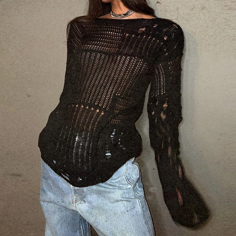 Ripped Women Full Length Pullovers Knitting Loose Casual Beggar Style Hollow Out Lady T-shirt Harajuku Streetwear Y2K