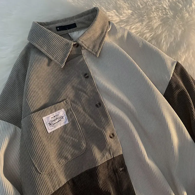 Shirts Men Women Spring Design Japanese Corduroy Clothing Handsome Ins Patchwork Premium Color Panelled Pockets Leisure 2023 New