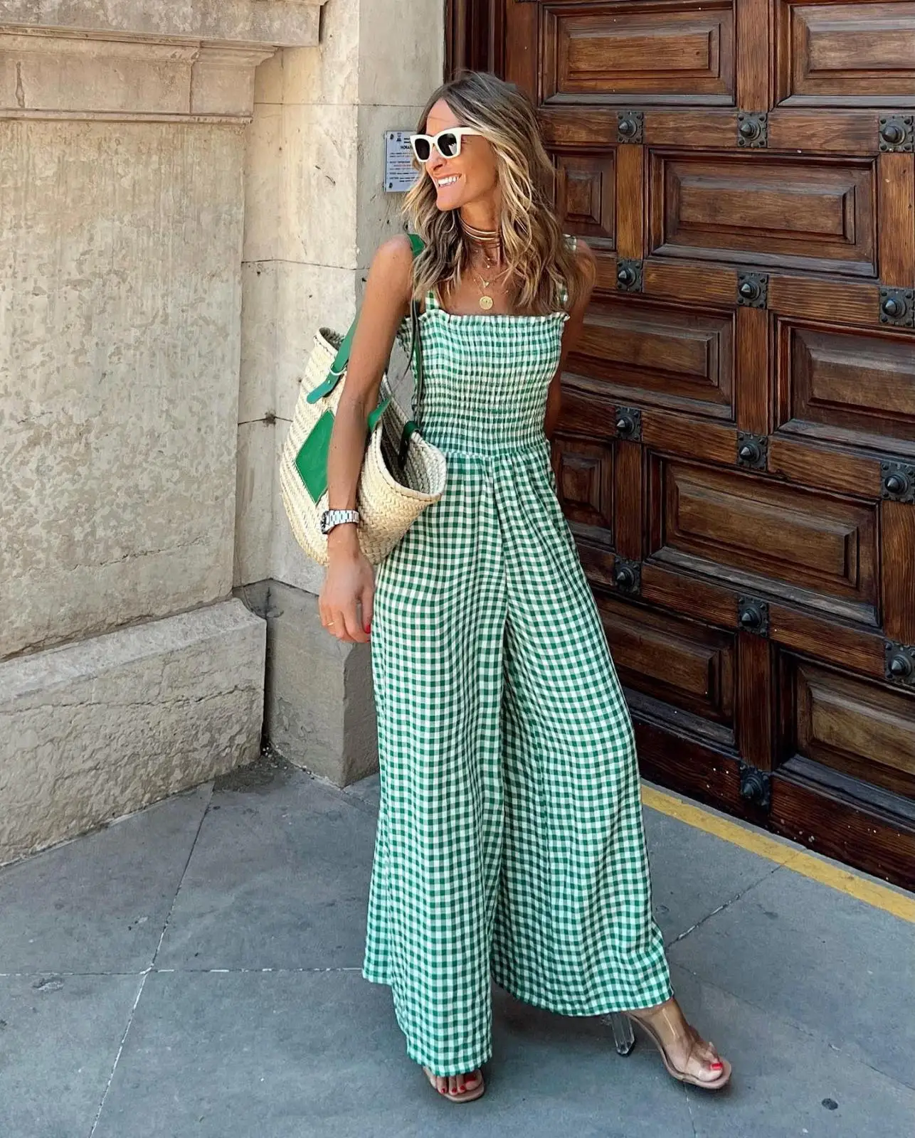 New Fashion Women Jumpsuits 2022 Summer Pleated WideWaist Casual Plaid Sleeveless Loose Rompers Leg Overalls High