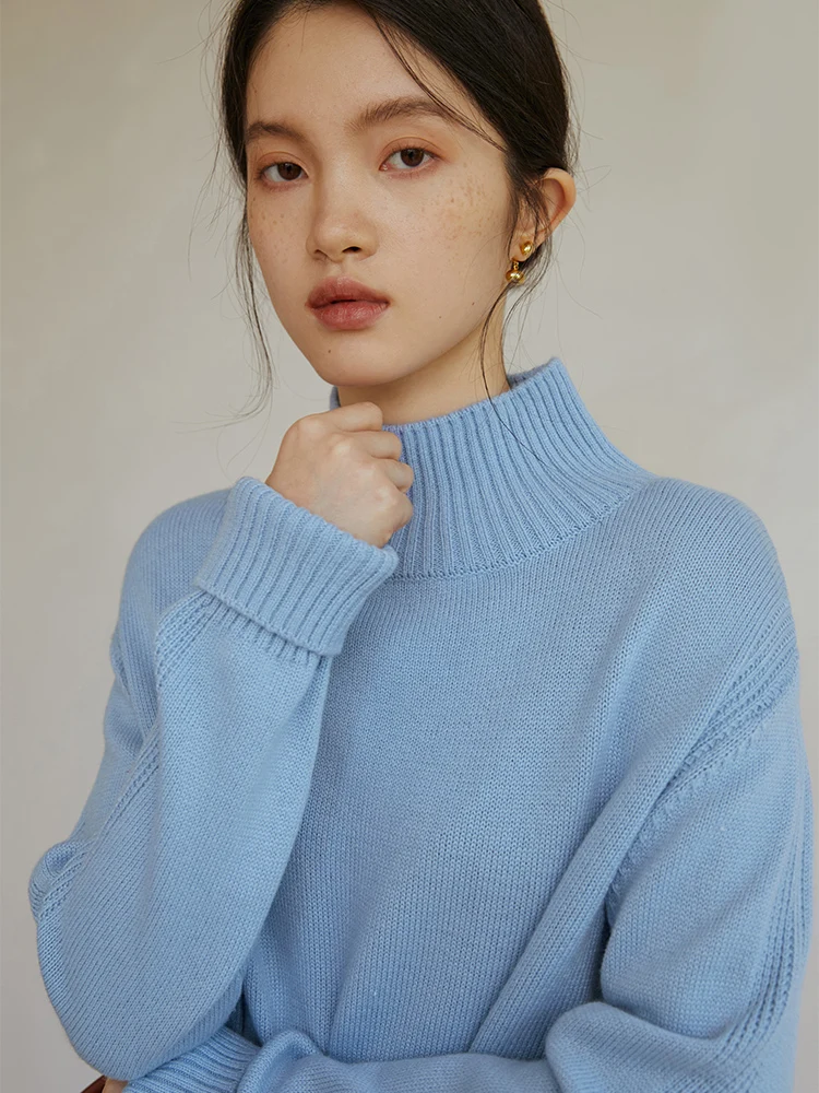 Turtleneck Rib Sweater light sky blue   Women's Mockneck High Collar Vintage womens petite size Autumn Winter Slouchy Soft Waxy Outwear Knitted Full Sleeve Tops Ribbed Sweaters for woman