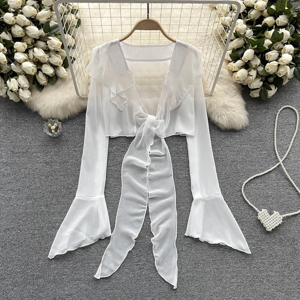 

French Loose Fit Shirt Chiffon Short V-Neck Lace Flare Sleeve Top Long Sleeve Summer
