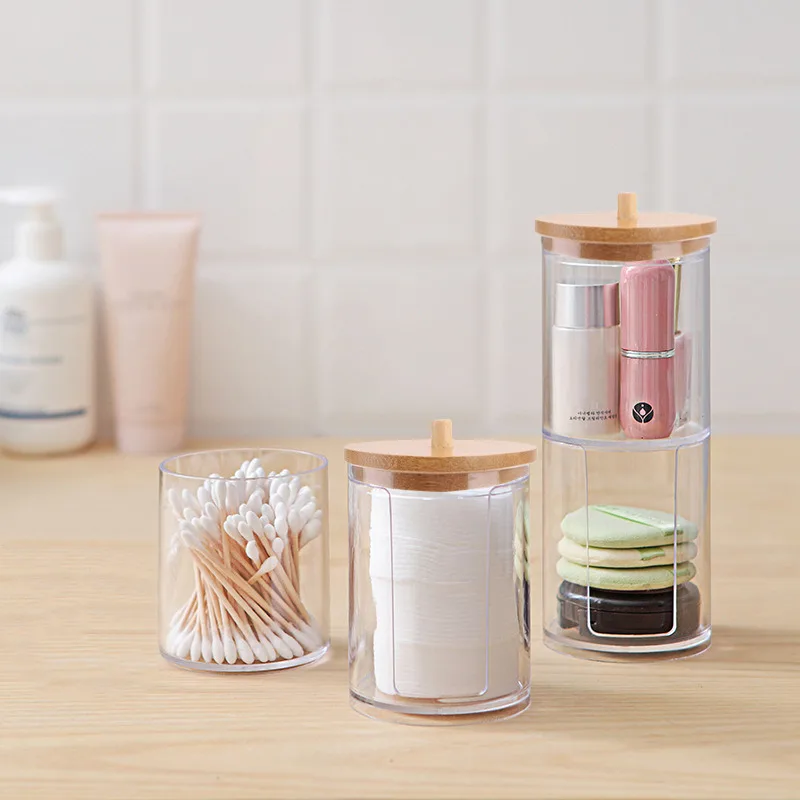 Cotton Swab Organizer Storage Bamboo Cover Acrylic Round Organizer Makeup Storage Box Container Organizadores 5