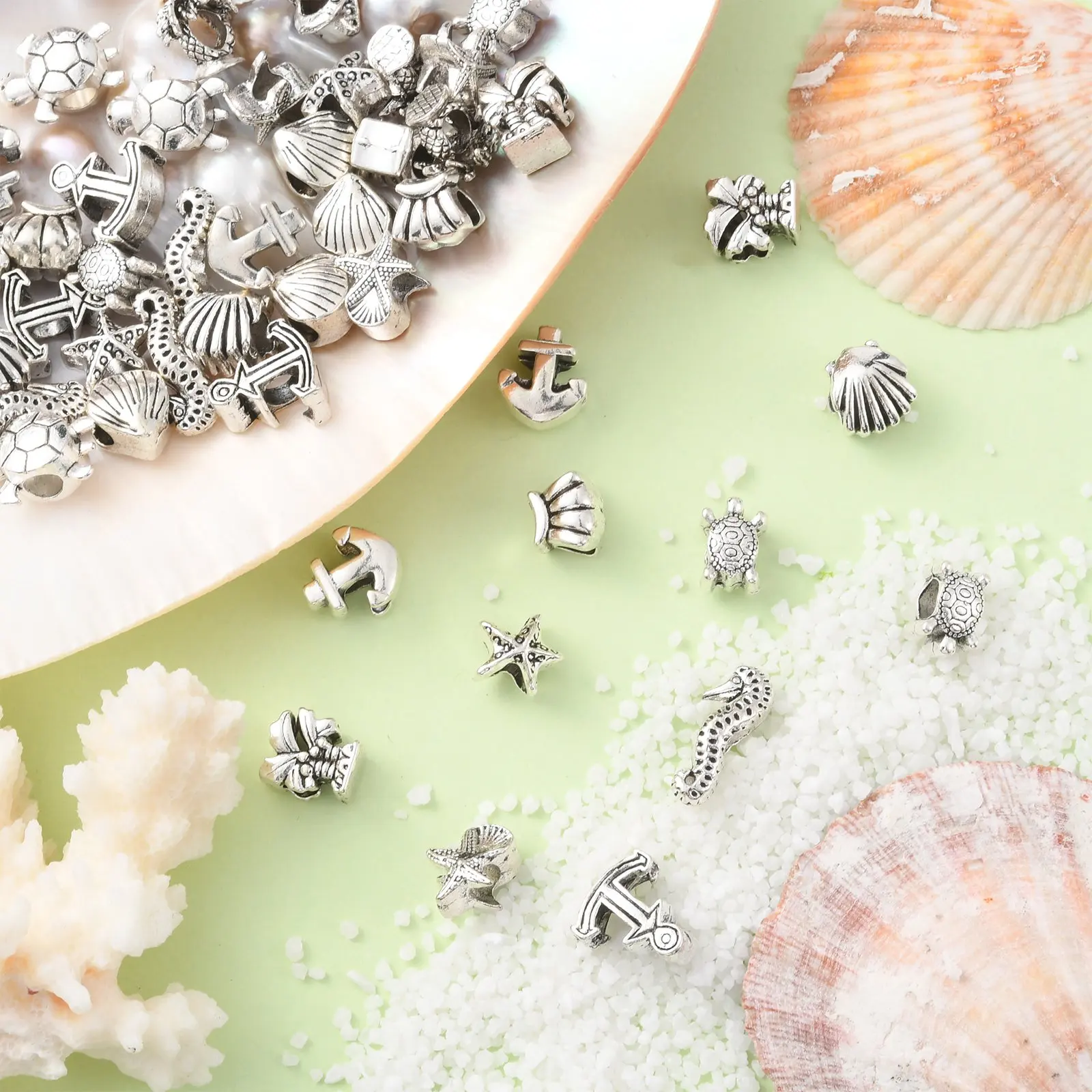 60Pcs 12 Styles Tibetan European Beads Antique Silver Tortoise Shell Starfish Space Beads with Large Hole for Jewelry Making DIY