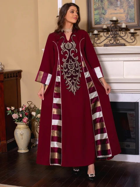 Moroccan Caftan Woman Retro Sequins Embroidery Contrast Color Party Dresses Islam Turkey Robe Saudi Black