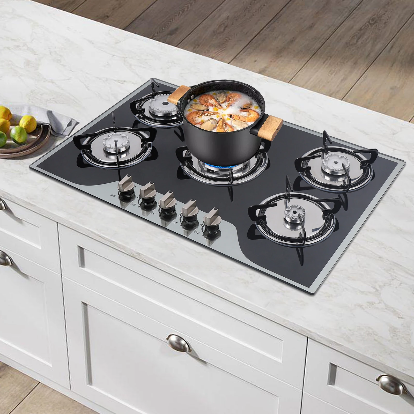 LPG/NG Gas COOKTOP with Built-in 5Burner, Stove Hob Cooktop, Tempered Glass