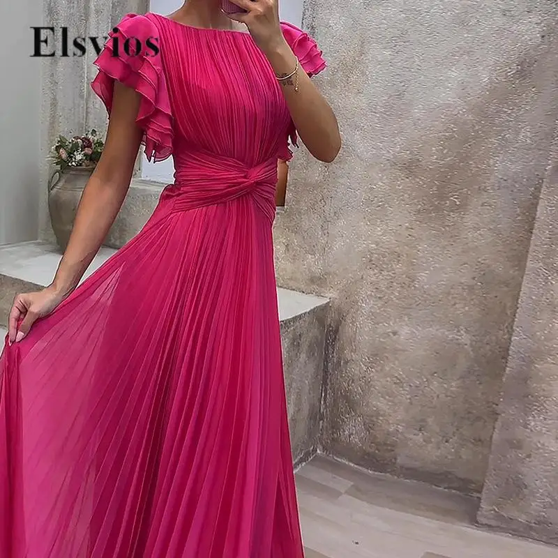 

Sexy Twist Slim Waist Loose Ruffle Hem Party Dress Elegant Flare Sleeve Chiffon Long Dress Fashion Solid O Neck Pleated Dresses