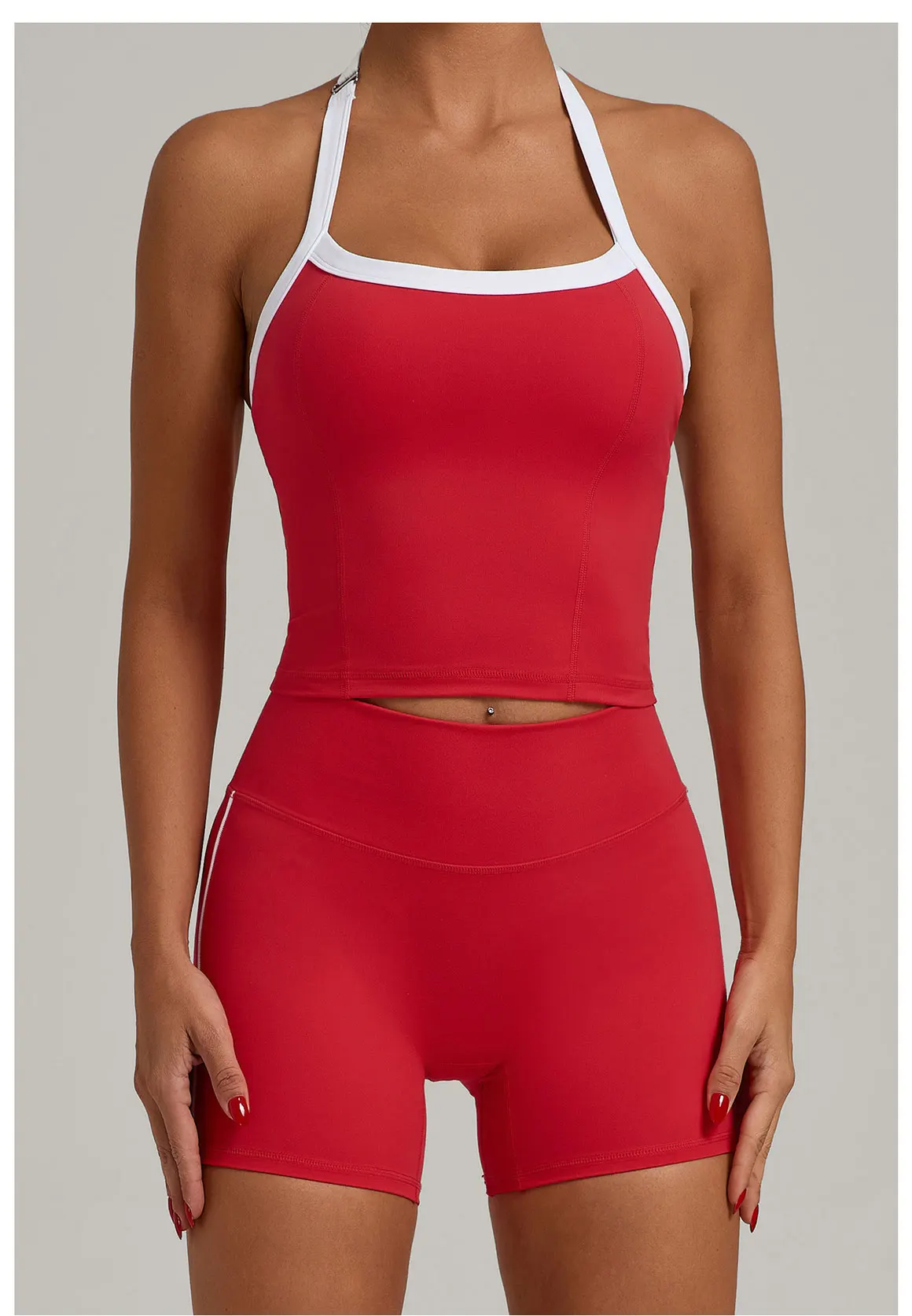 Fashion Patchwork Skinny Shorts Set Gym Women Workout Clothing Summer Sleeveless Backless Fitness Sport Suit Women Sportwear Red