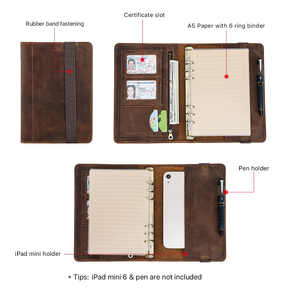 Leather Notebook Portfolio A5 with 6 Ring Binder Paper Pen Ipad Mini Holder Card Slots Travel Case