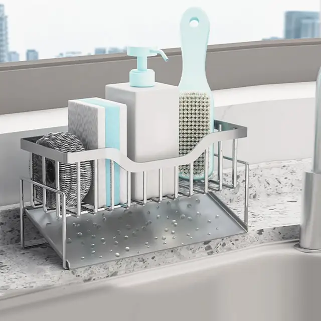 Hasznos, Könnyen Megtisztítható Mosdó Lefolyó Polc Kopásálló Tároló Rozsdamentes Acél Mosogatógép Folyékony Szivacs Munkalap Állvány