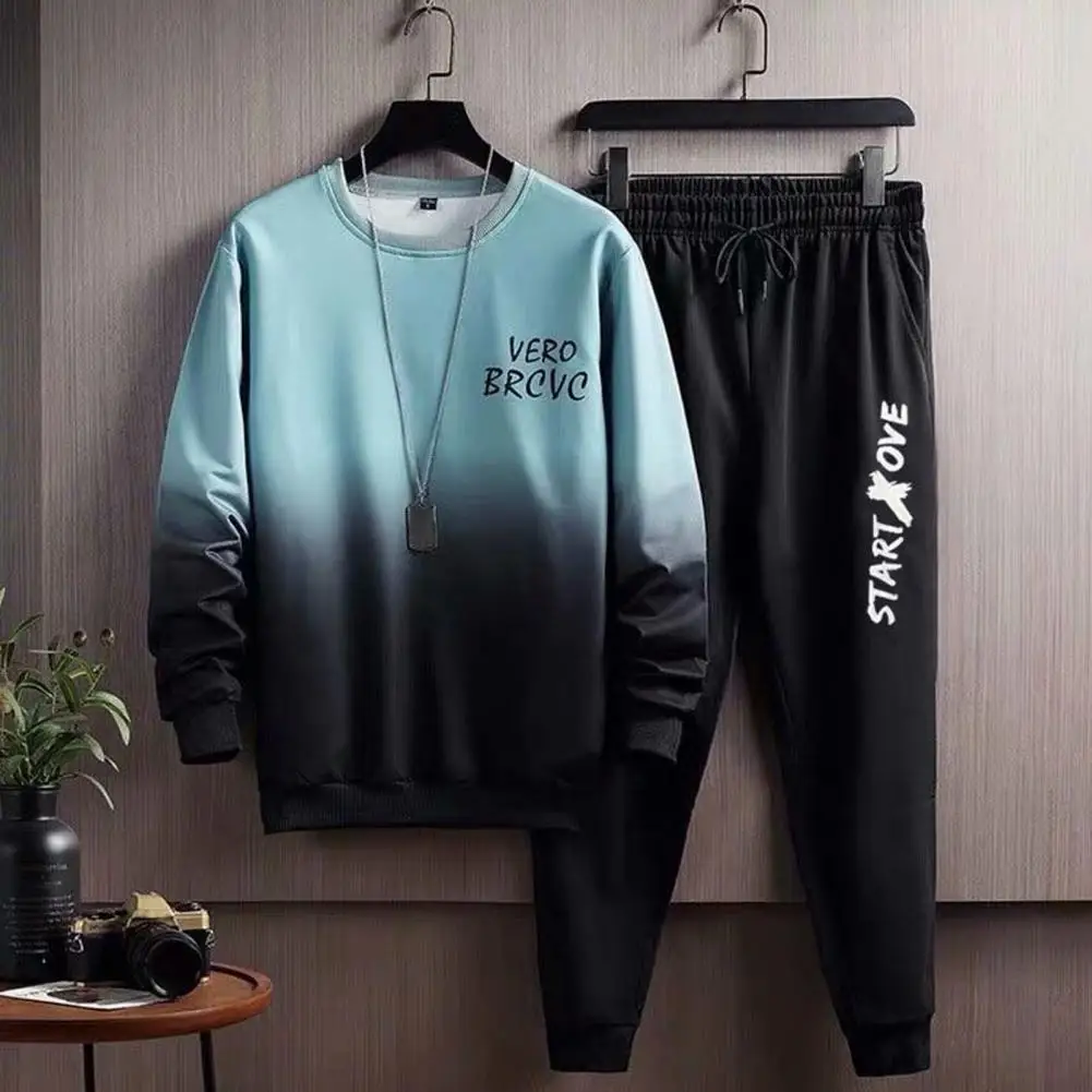 Spring Tracksuit Stylish Men's Gradient Contrast Tracksuit Set Loose Fit Top Pants with Elastic Waist Hip Hop Sports for Fall