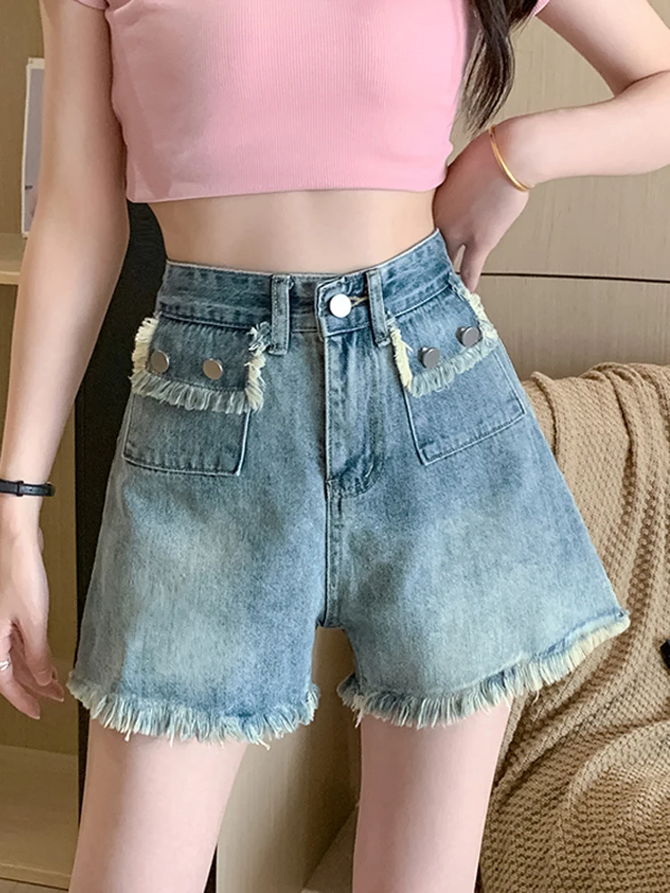 

Chic High Waist Denim Shorts Women Loose Raw Edge A-line Hotpants 2023 New Summer Fashion Spicy Girl Thin Shorts