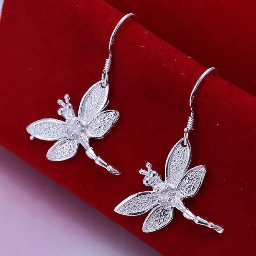 

women Inlaid stone dragonfly design beautiful cute Silver color wedding Earring Jewelry free shipping factory price