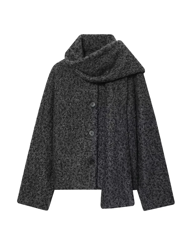 Women Solid Button Loose Jackets Warm Scarf Collar Long Sleeve Temperament Short Coat Female Fashion Style Winter Outerwear