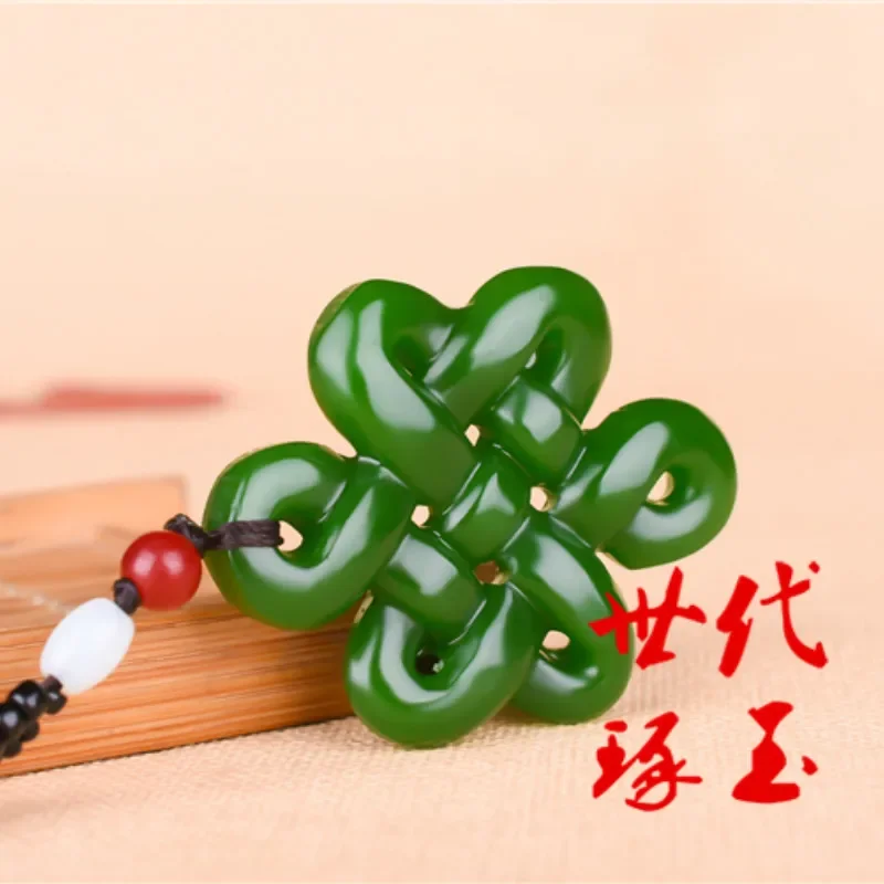 Natural Green White Jade Chinese Knot Pendant Beads Necklace Charm Jewelry Double-sided Hollow Carved Amulet Gifts for Her