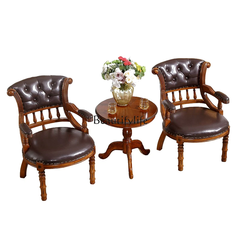 

Solid Wood Carved Backrest Leather Chair Retro Club Leisure High-End Desk Chair