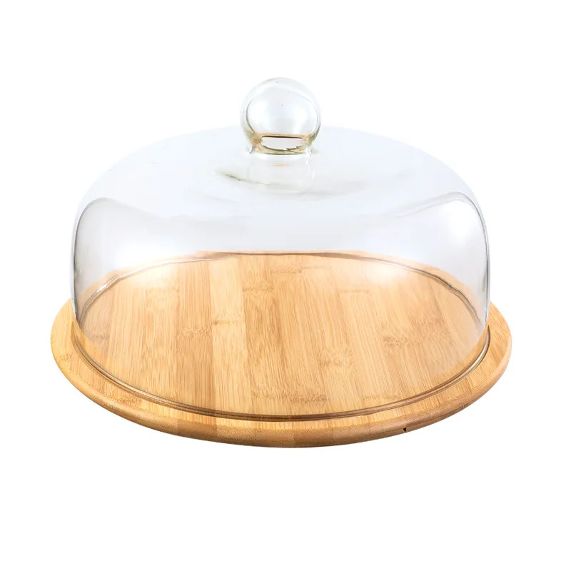 Creative Transparent Glass Food Covers Cake Glass Cover With Wood Tray Food Dessert Dust-proof Protective Cover Dia 24/26/29cm