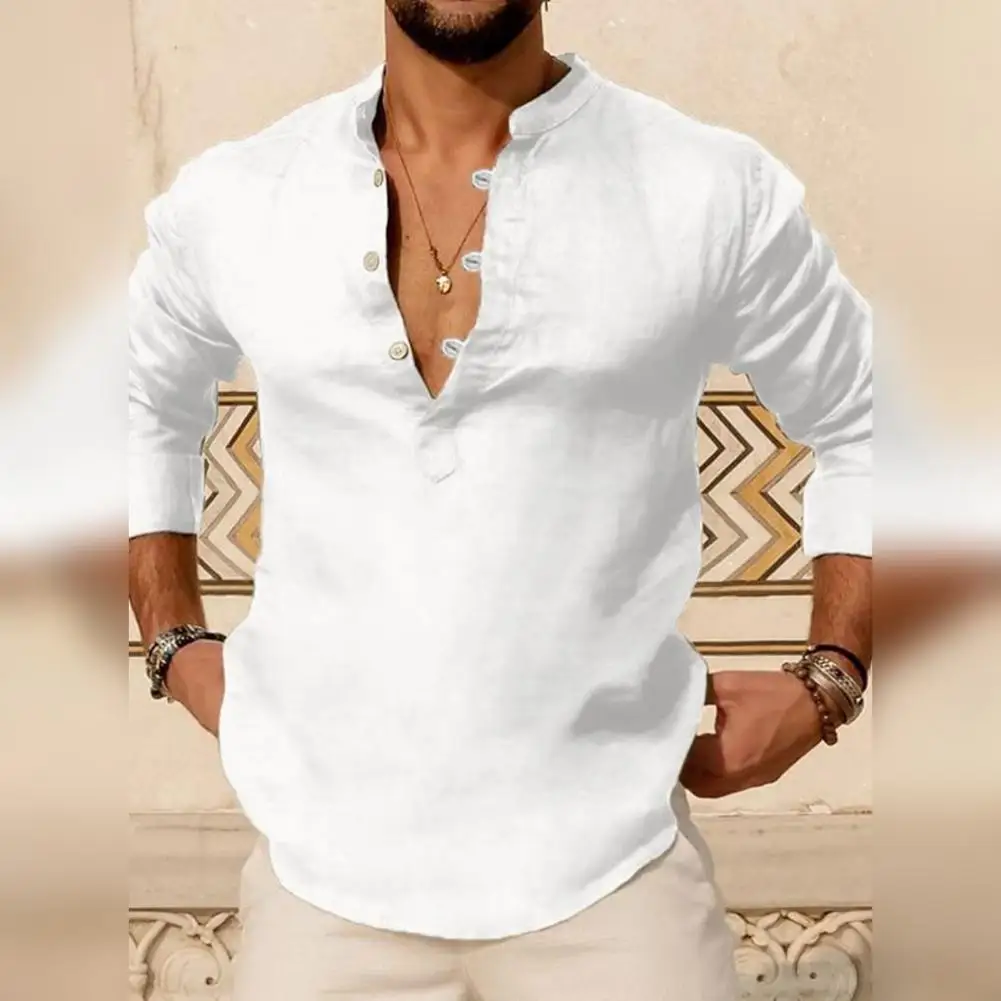 

Comfortable Fabric Shirt Slim Fit Pullover Stylish Men's Henry Neck Shirt with Buttons Soft Breathable Solid Color Streetwear