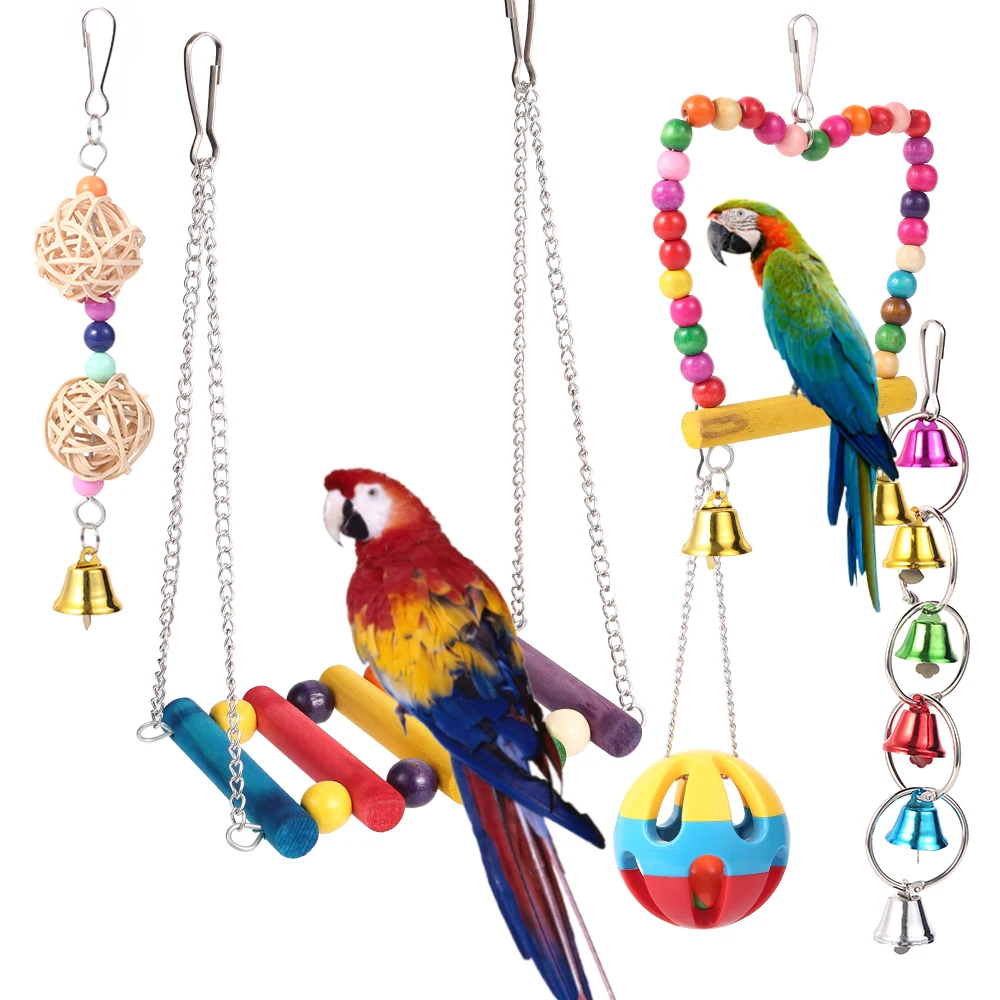 

New Parrot Toys with Hooks Birds Swing Toy Hanging-mounted Bell Chewing Toys Cage for Small Parakeets Cockatiels Conures Macaws