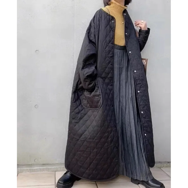 

Solid Rhombus Single-breasted Long Cotton-padded Parkas Trench Coat for Women Winter Clothing Jackets Tops Female