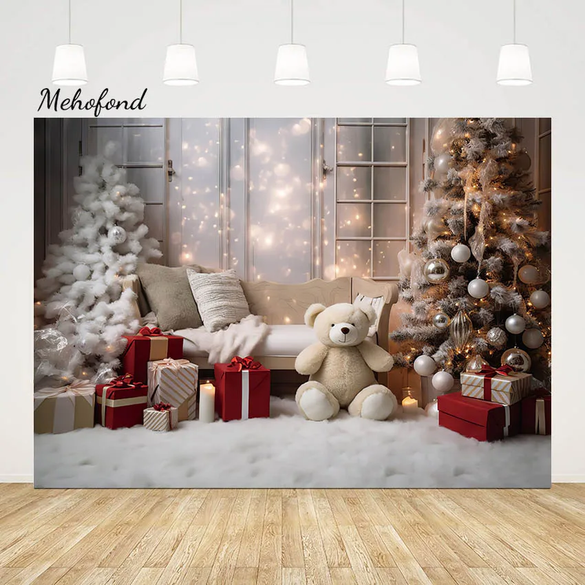 

Mehofond Indoor Christmas Bear Toy Backdrop Gift Xmas Tree Glitter Kids Portrait Glitter Light Background Photography Photoshoot