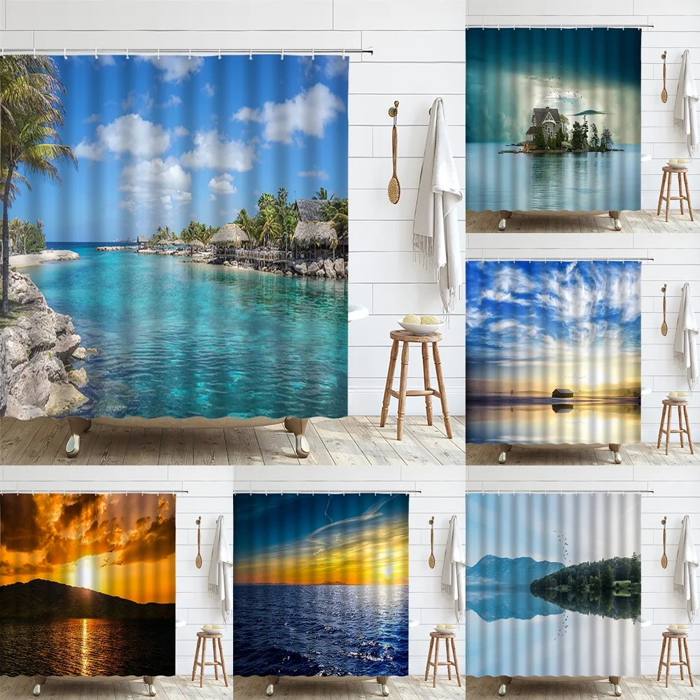 

Seaside Sea Beach Wave Coconut Tree Shower Curtains Bathroom Decor Ocean Screen Waterproof Natural Scenery Sunset Bath Curtain