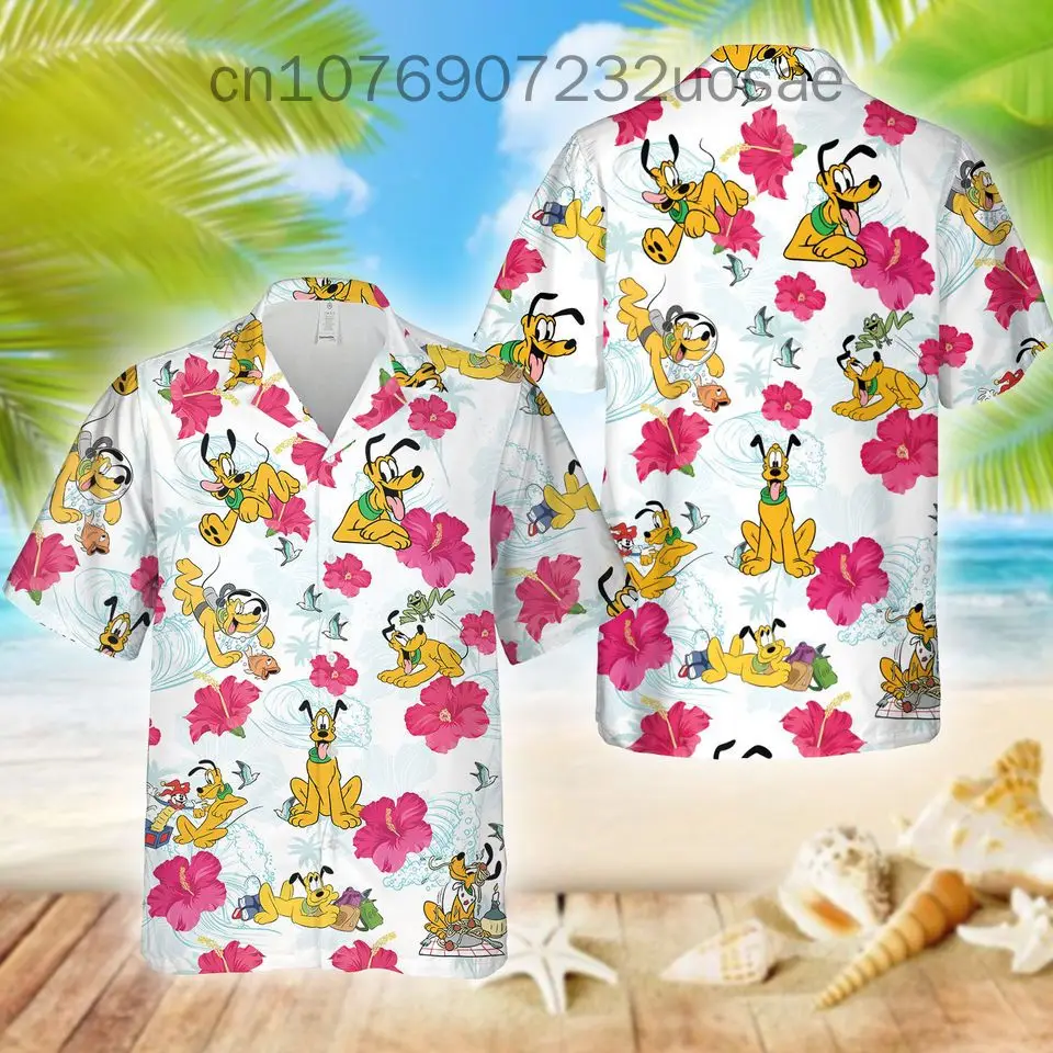 2024 New Disney Pluto Dog Orange Green Strips Summer Tropical Disney Camicia Hawaiana