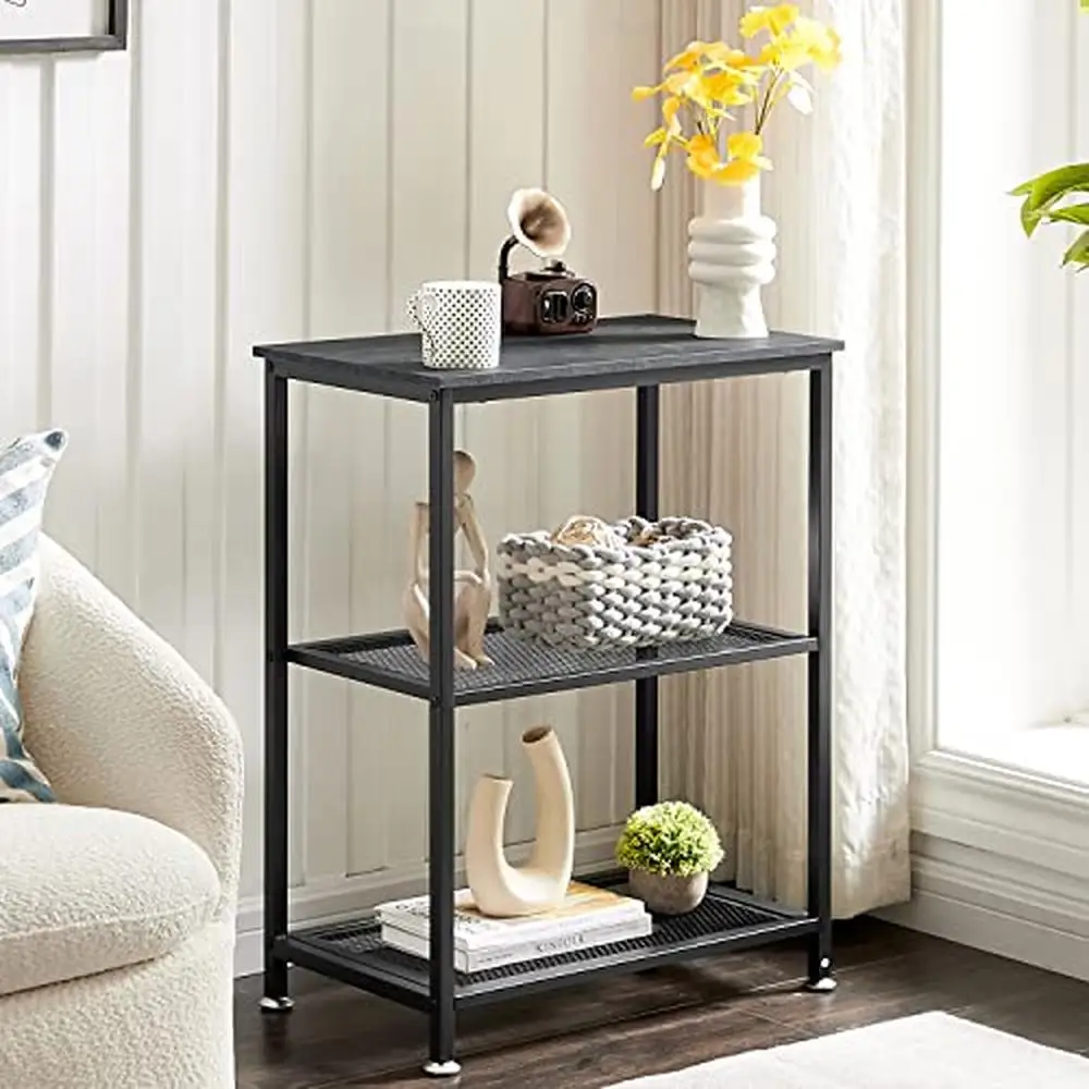 

Tall Industrial 3-Tier End SofaTable with Storage and Mesh Shelves Living Bedroom Retro Style Easy Assembly and Sturdy Frame