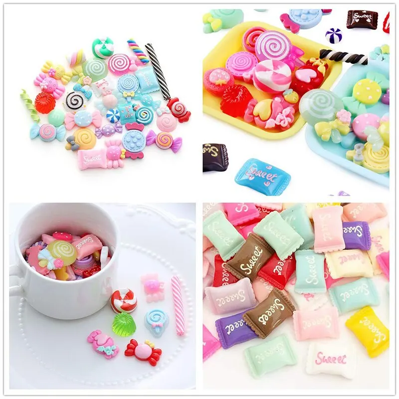 Candy Resin Ornaments 30Pcs Random Mixed Candy Resin Ornament Accessories For Art Decorations Assorted Colors and Shape