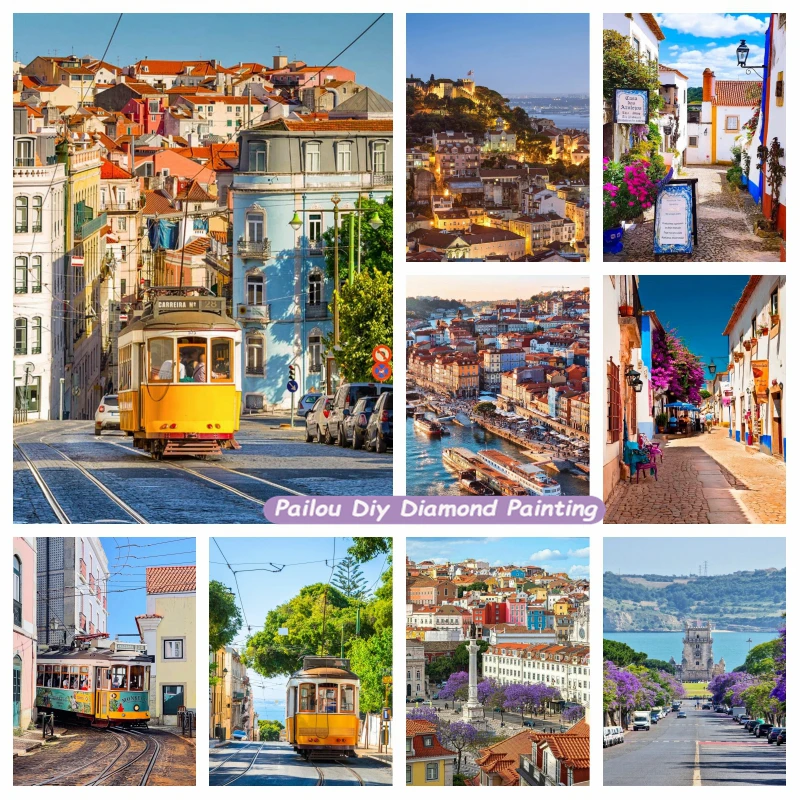 Lisbon Trams Landscape 5d Diamond Painting Kits Full Square Drills Portugal Cityscape Wall Art Mosaic Cross Stitch Room Decor