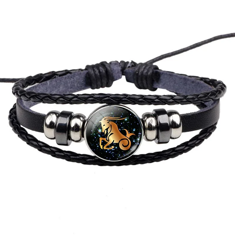 12 Constellation Leather Bracelet Zodiac Sign Handmade Glass