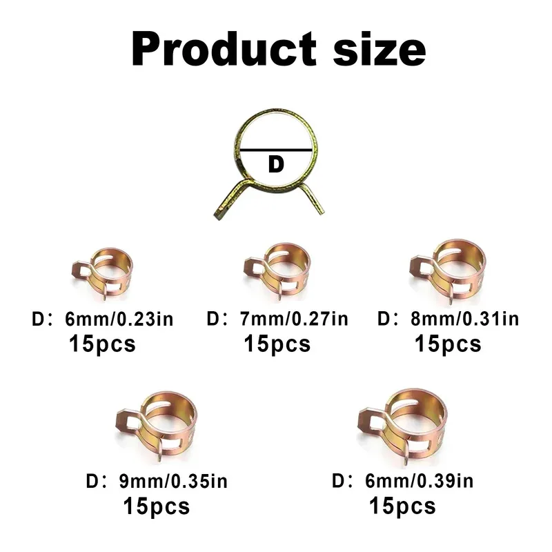 Hose Clamps 75Pcs 6-10mm Manganese Steel Spring Driven Hose Clamp Low Pressure Air Clamp Fastener Sorting Kit For Pipes Automobiles