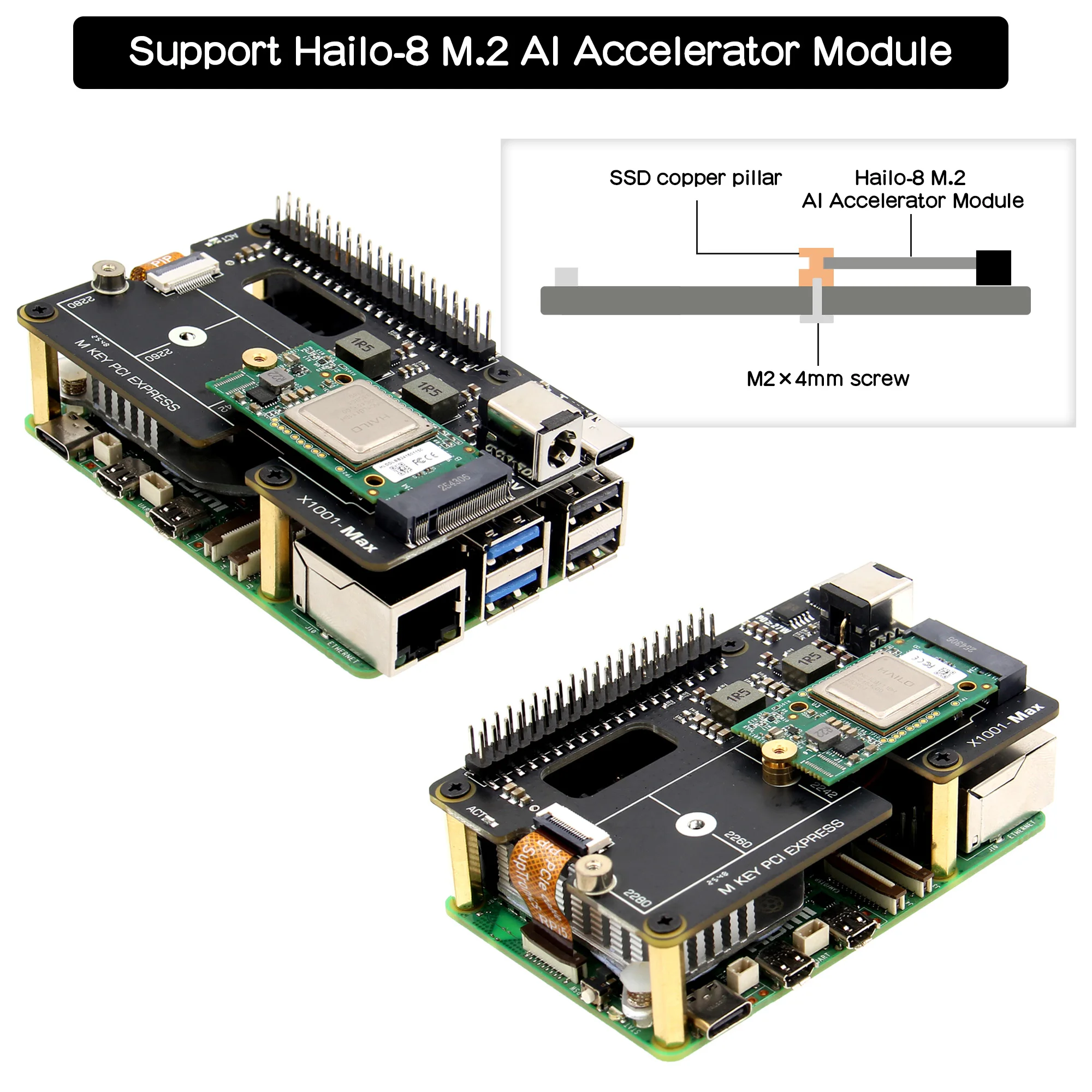 Geekbord X1001-Max PCIe to M.2 NVMe 보드(라즈베리 파이 5용) | 듀얼 전원 입력 | AI 및 SSD 지원 | 고전류 출력