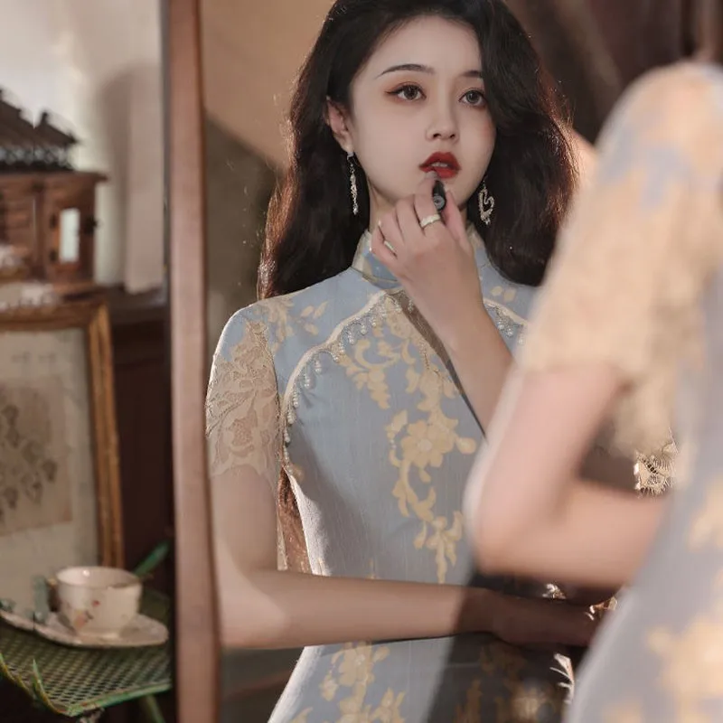 

Lady Cheongsam Slim Retro Qipao Dress Modern Elegant Dresses For Women Chinese Style Long Lace Young Skirt Evening Party Qi Pao